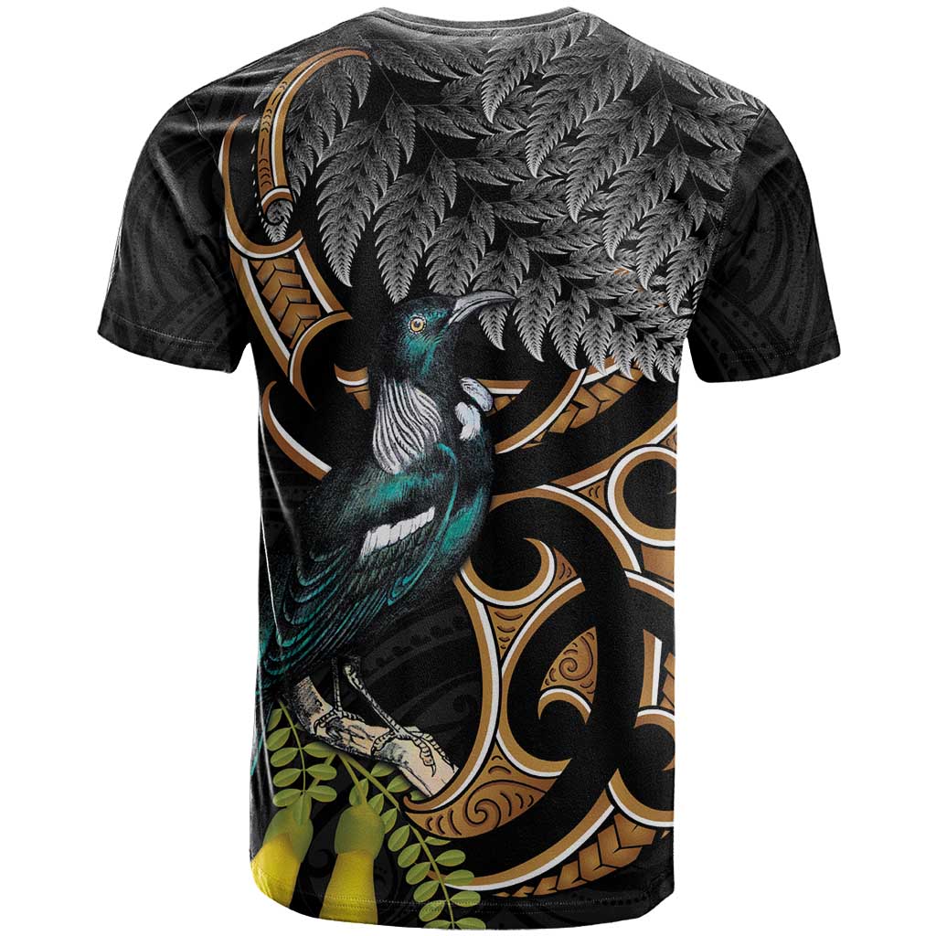 Aotearoa Kowhai Tui Bird T Shirt Maori Ngaru With Silver Fern LT14 - Polynesian Pride