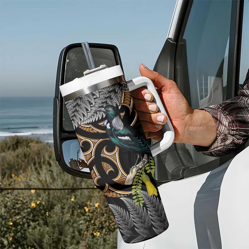 Aotearoa Kowhai Tui Bird Tumbler With Handle Maori Ngaru With Silver Fern LT14 - Polynesian Pride