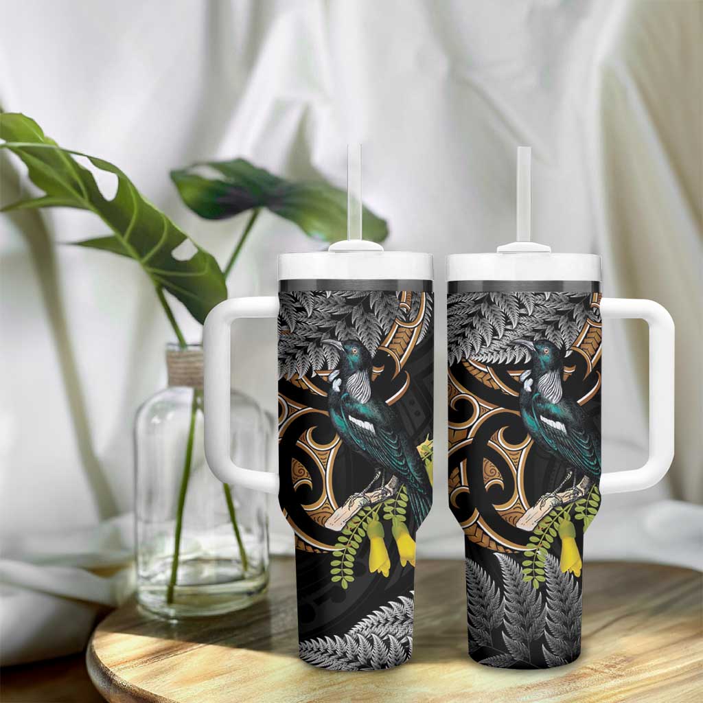 Aotearoa Kowhai Tui Bird Tumbler With Handle Maori Ngaru With Silver Fern LT14 - Polynesian Pride