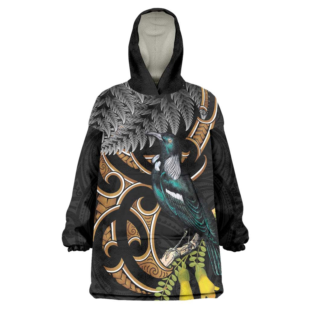 Aotearoa Kowhai Tui Bird Wearable Blanket Hoodie Maori Ngaru With Silver Fern