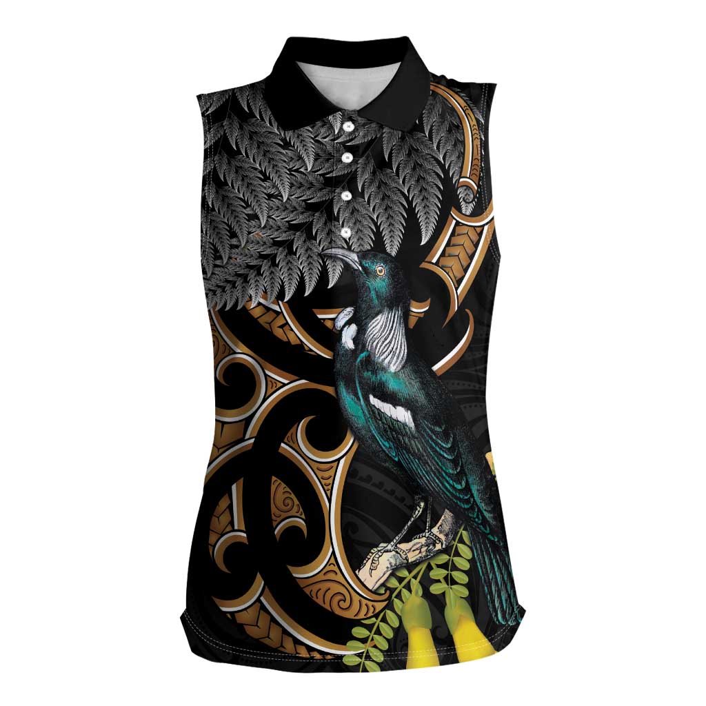 Aotearoa Kowhai Tui Bird Women Sleeveless Polo Shirt Maori Ngaru With Silver Fern