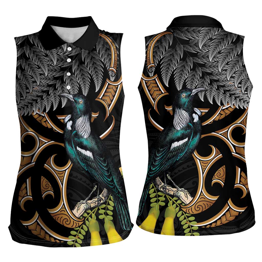 Aotearoa Kowhai Tui Bird Women Sleeveless Polo Shirt Maori Ngaru With Silver Fern