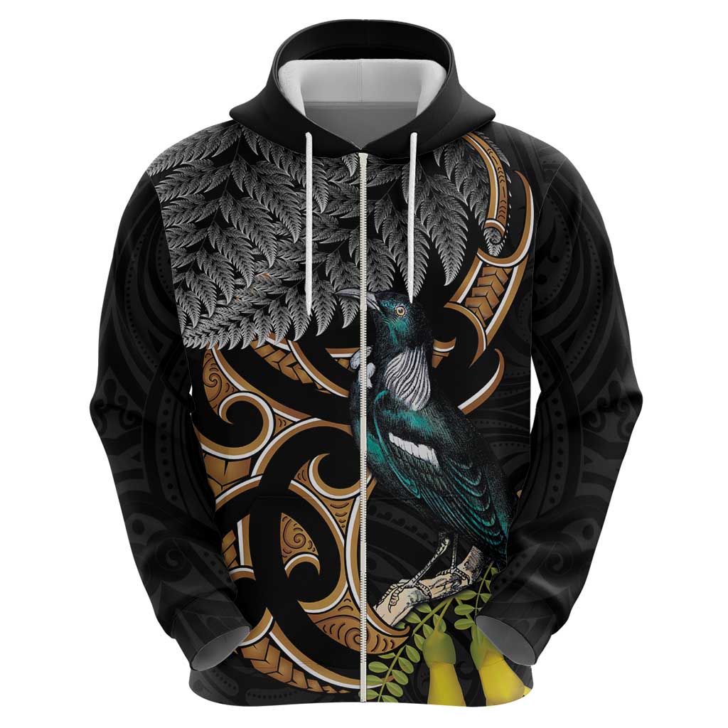 Aotearoa Kowhai Tui Bird Zip Hoodie Maori Ngaru With Silver Fern