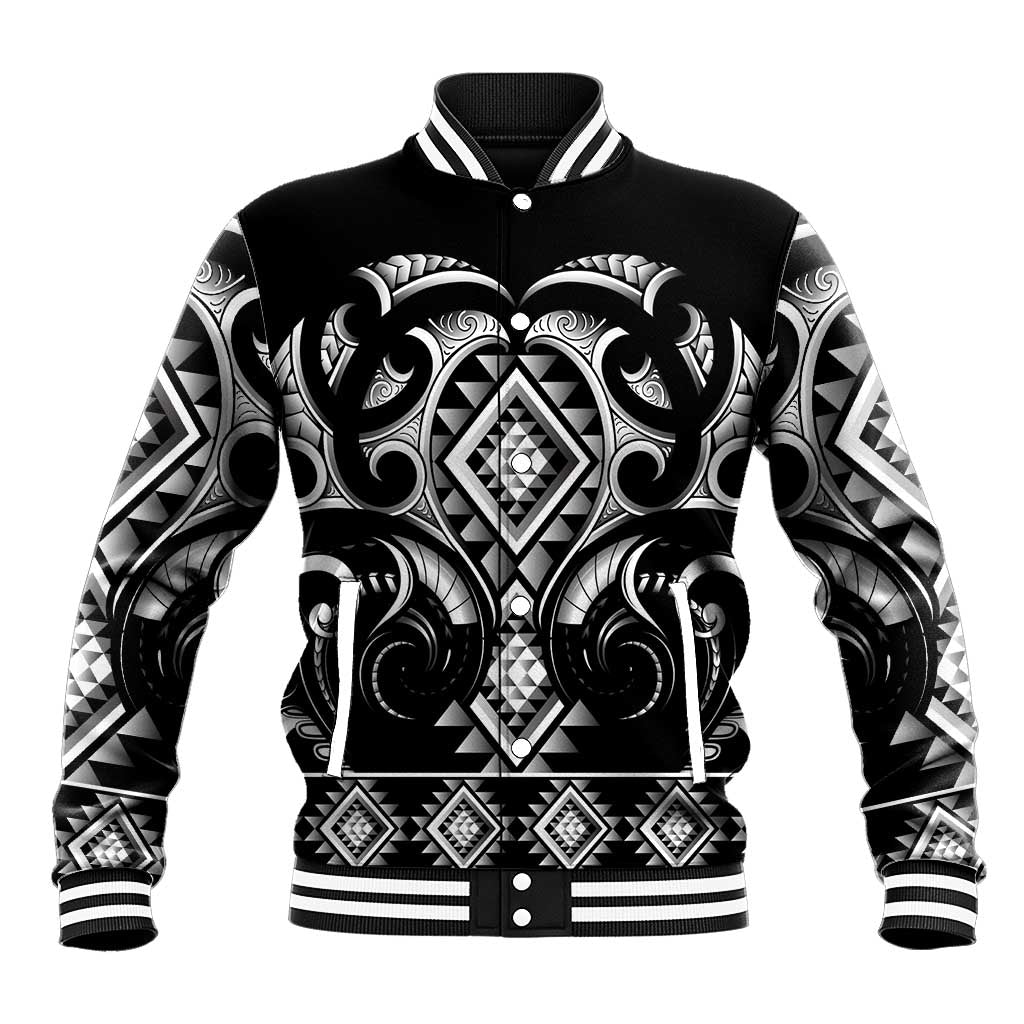Black Ngaru Taniko With Aotearoa Maori Tattoo Baseball Jacket LT14 Unisex Black - Polynesian Pride