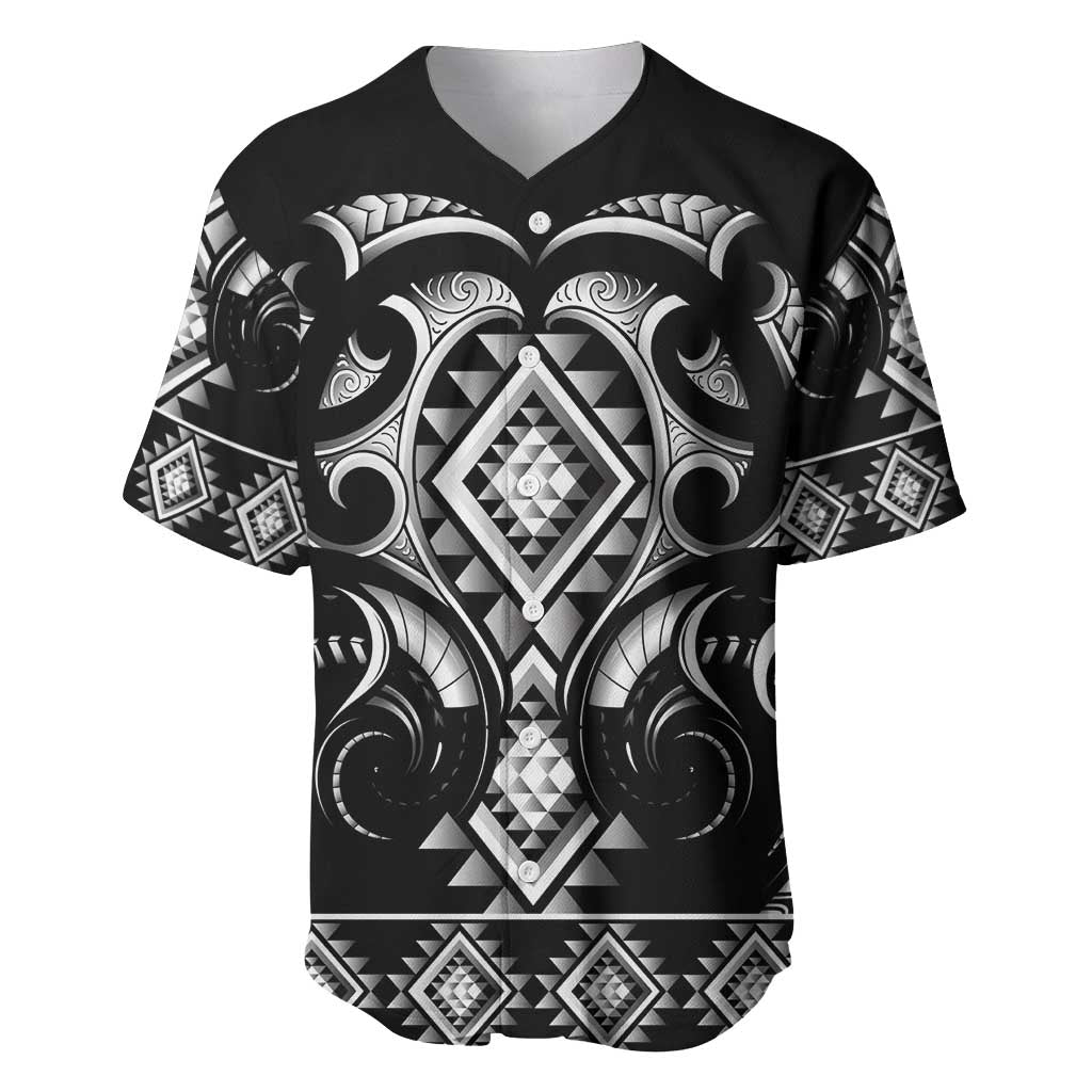 Black Ngaru Taniko With Aotearoa Maori Tattoo Baseball Jersey LT14 Black - Polynesian Pride
