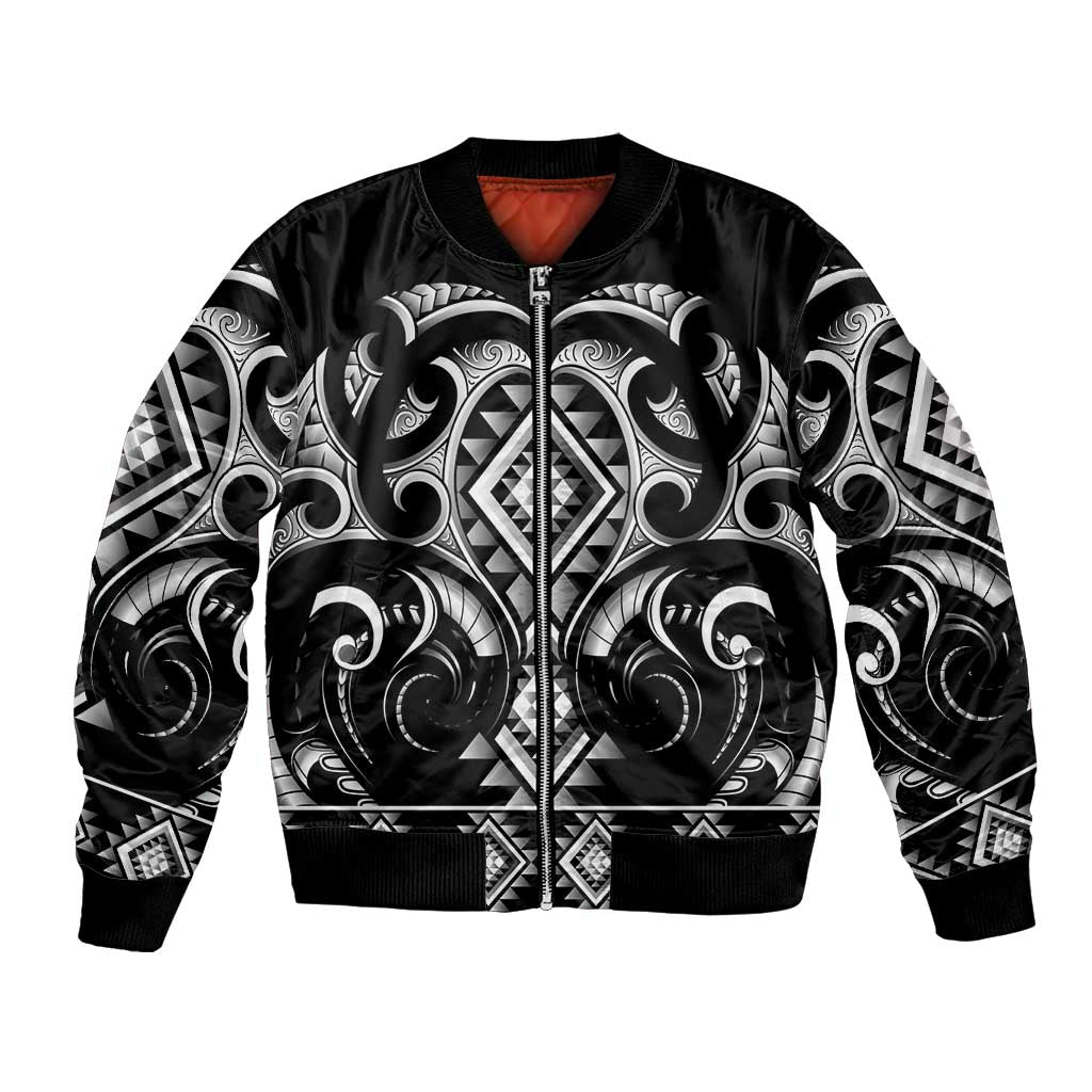 Black Ngaru Taniko With Aotearoa Maori Tattoo Bomber Jacket LT14 Unisex Black - Polynesian Pride
