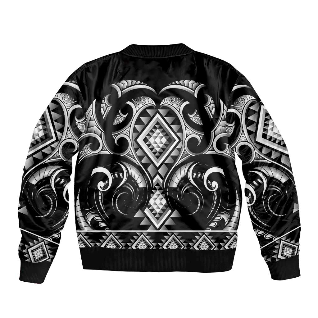 Black Ngaru Taniko With Aotearoa Maori Tattoo Bomber Jacket LT14 - Polynesian Pride