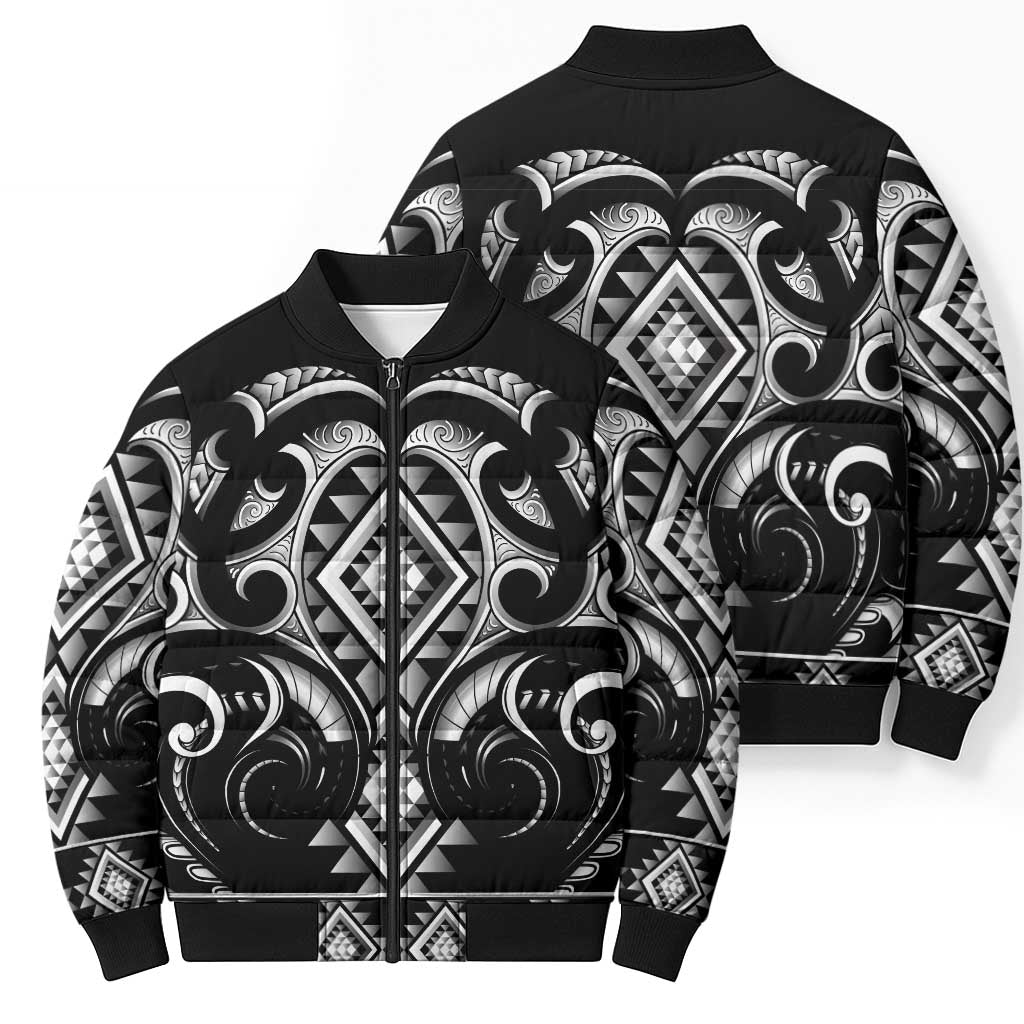 Black Ngaru Taniko With Aotearoa Maori Tattoo Bomber Puffer Jacket - Polynesian Pride