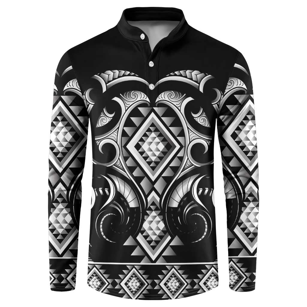 Black Ngaru Taniko With Aotearoa Maori Tattoo Button Sweatshirt LT14 Black - Polynesian Pride