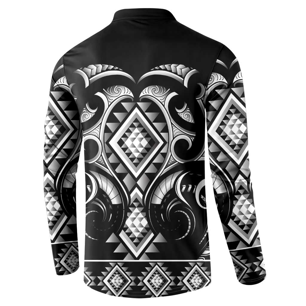 Black Ngaru Taniko With Aotearoa Maori Tattoo Button Sweatshirt