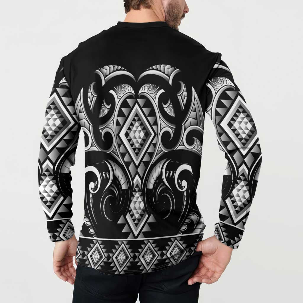 Black Ngaru Taniko With Aotearoa Maori Tattoo Button Sweatshirt