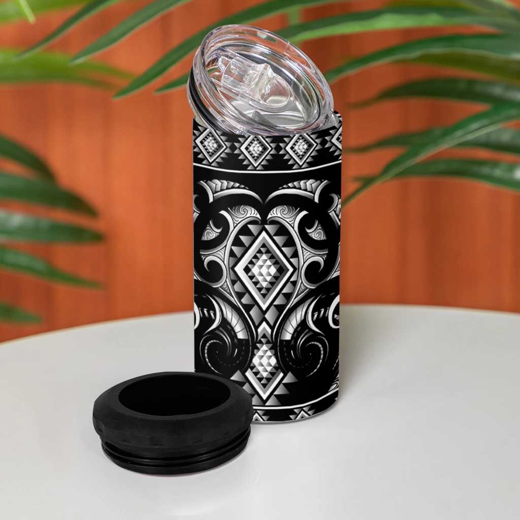 Black Ngaru Taniko With Aotearoa Maori Tattoo 4 in 1 Can Cooler Tumbler