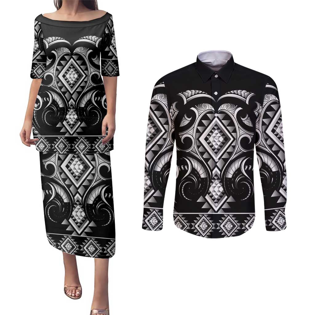 Black Ngaru Taniko With Aotearoa Maori Tattoo Couples Matching Puletasi and Long Sleeve Button Shirt