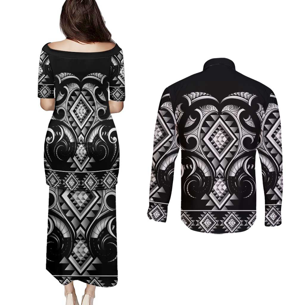 Black Ngaru Taniko With Aotearoa Maori Tattoo Couples Matching Puletasi and Long Sleeve Button Shirt