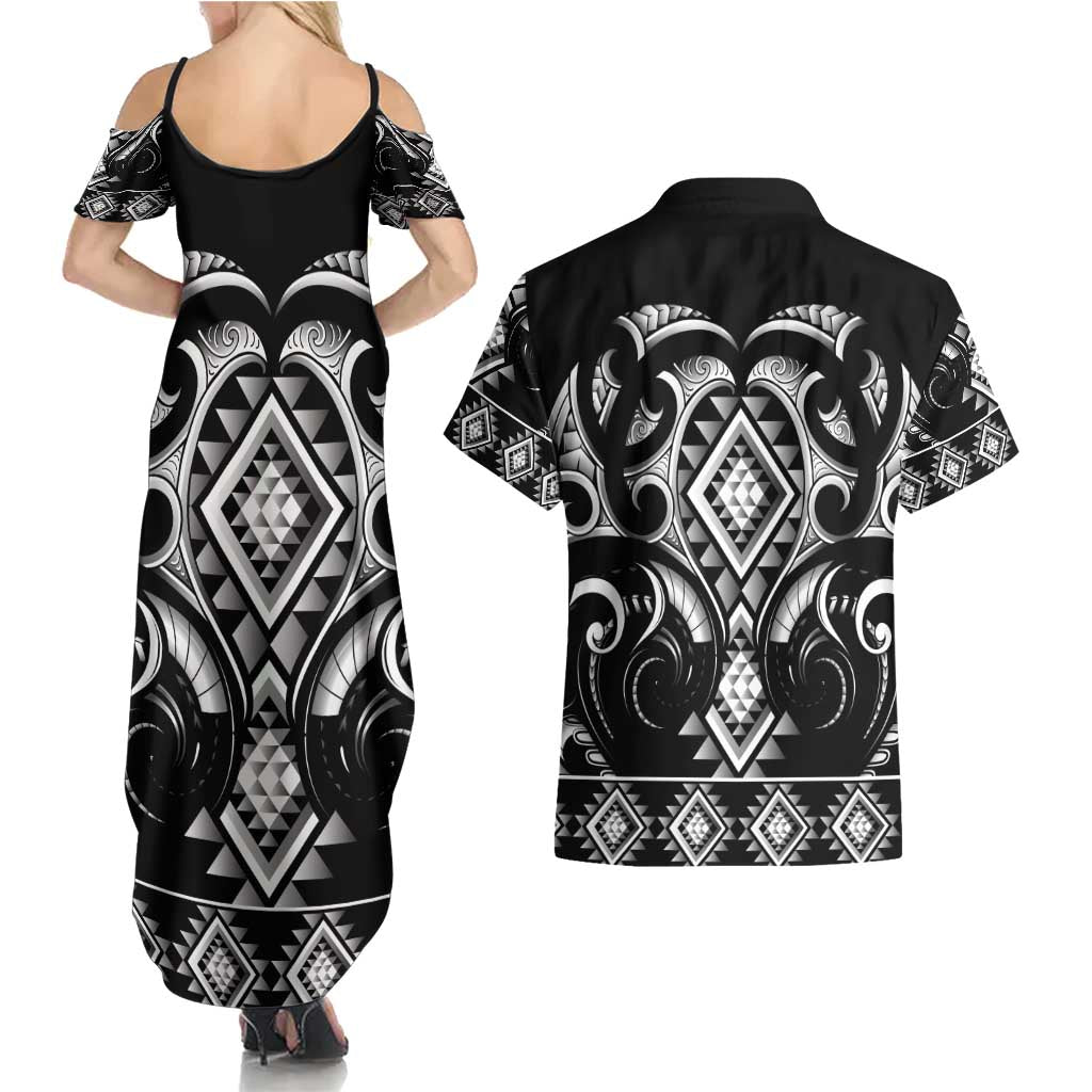 Black Ngaru Taniko With Aotearoa Maori Tattoo Couples Matching Summer Maxi Dress and Hawaiian Shirt LT14 - Polynesian Pride