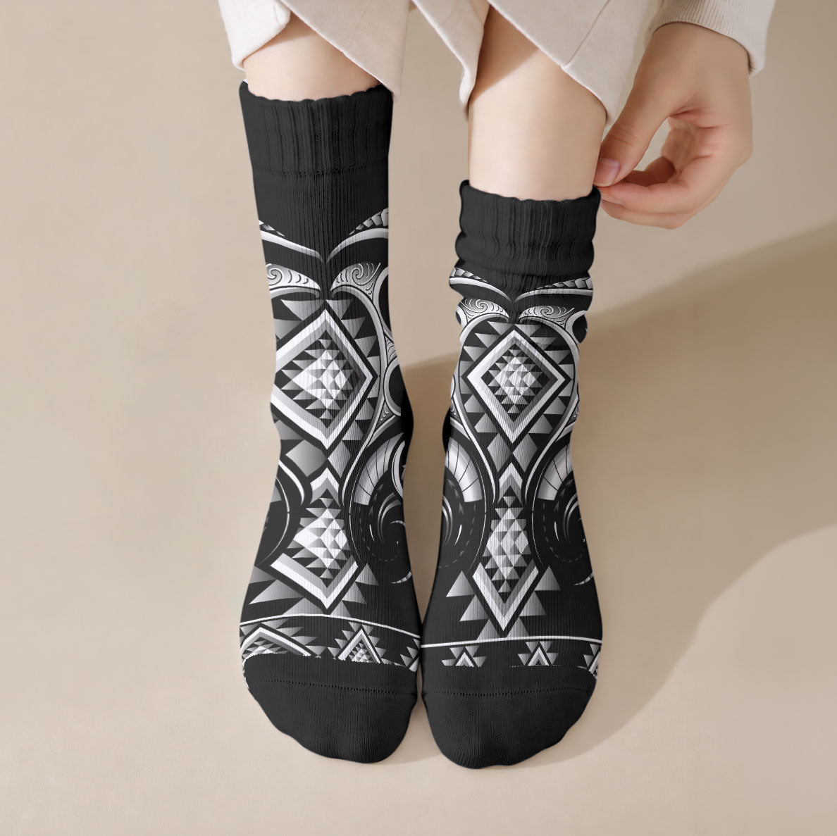 Black Ngaru Taniko With Aotearoa Maori Tattoo Crew Socks LT14 Crew Socks Black - Polynesian Pride