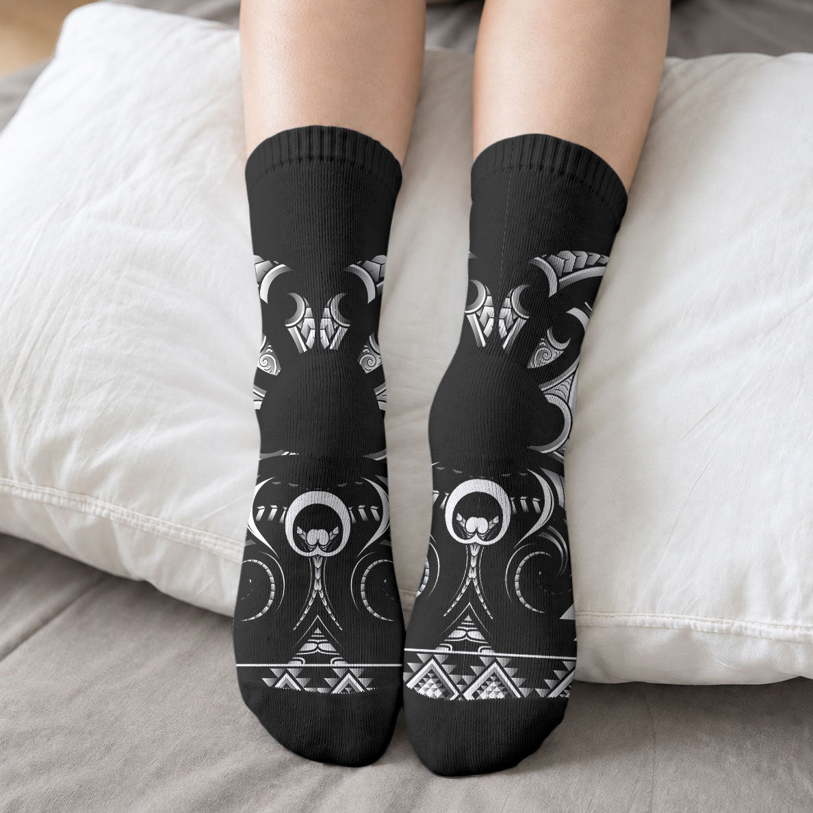 Black Ngaru Taniko With Aotearoa Maori Tattoo Crew Socks LT14 - Polynesian Pride