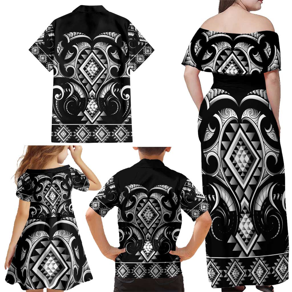 Black Ngaru Taniko With Aotearoa Maori Tattoo Family Matching Off Shoulder Maxi Dress and Hawaiian Shirt