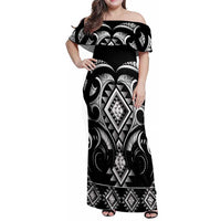 Black Ngaru Taniko With Aotearoa Maori Tattoo Family Matching Off Shoulder Maxi Dress and Hawaiian Shirt