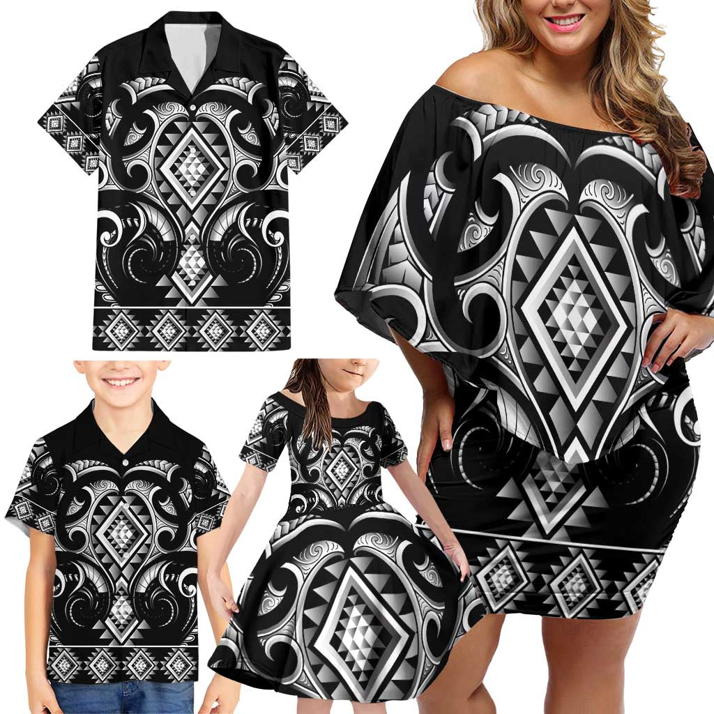 Black Ngaru Taniko With Aotearoa Maori Tattoo Family Matching Off Shoulder Short Dress and Hawaiian Shirt