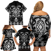 Black Ngaru Taniko With Aotearoa Maori Tattoo Family Matching Off Shoulder Short Dress and Hawaiian Shirt