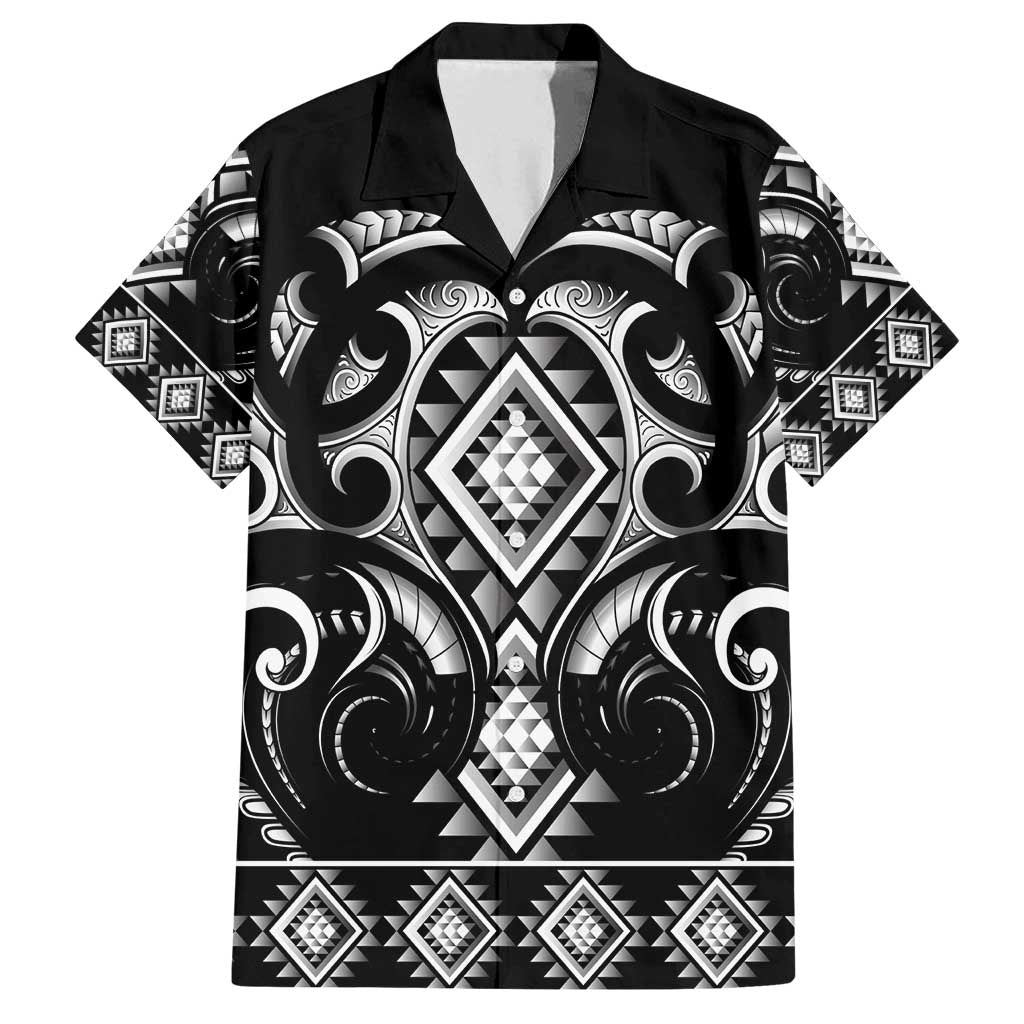 Black Ngaru Taniko With Aotearoa Maori Tattoo Family Matching Off Shoulder Short Dress and Hawaiian Shirt