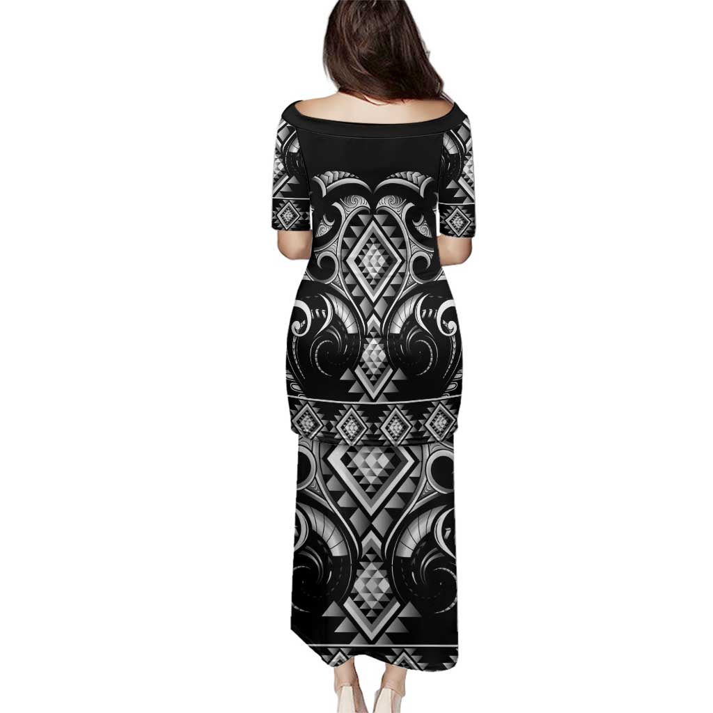 Black Ngaru Taniko With Aotearoa Maori Tattoo Family Matching Puletasi and Hawaiian Shirt