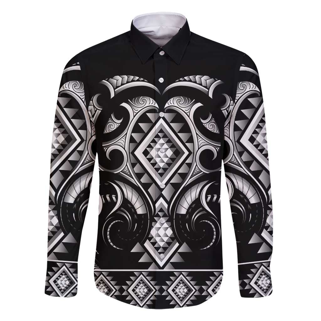 Black Ngaru Taniko With Aotearoa Maori Tattoo Family Matching Tank Maxi Dress and Hawaiian Shirt LT14 Dad's Shirt - Long Sleeve Black - Polynesian Pride