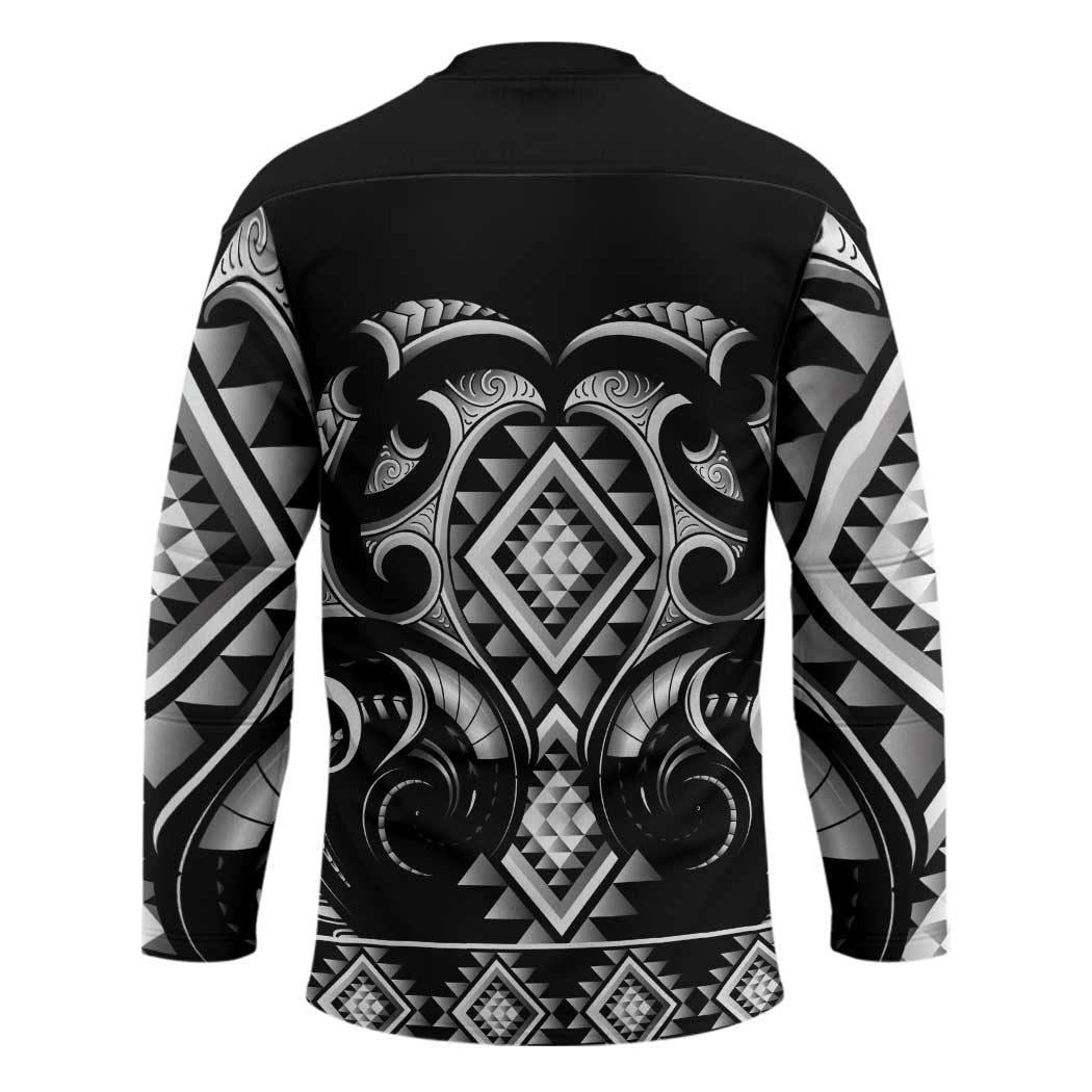 Black Ngaru Taniko With Aotearoa Maori Tattoo Hockey Jersey - Polynesian Pride