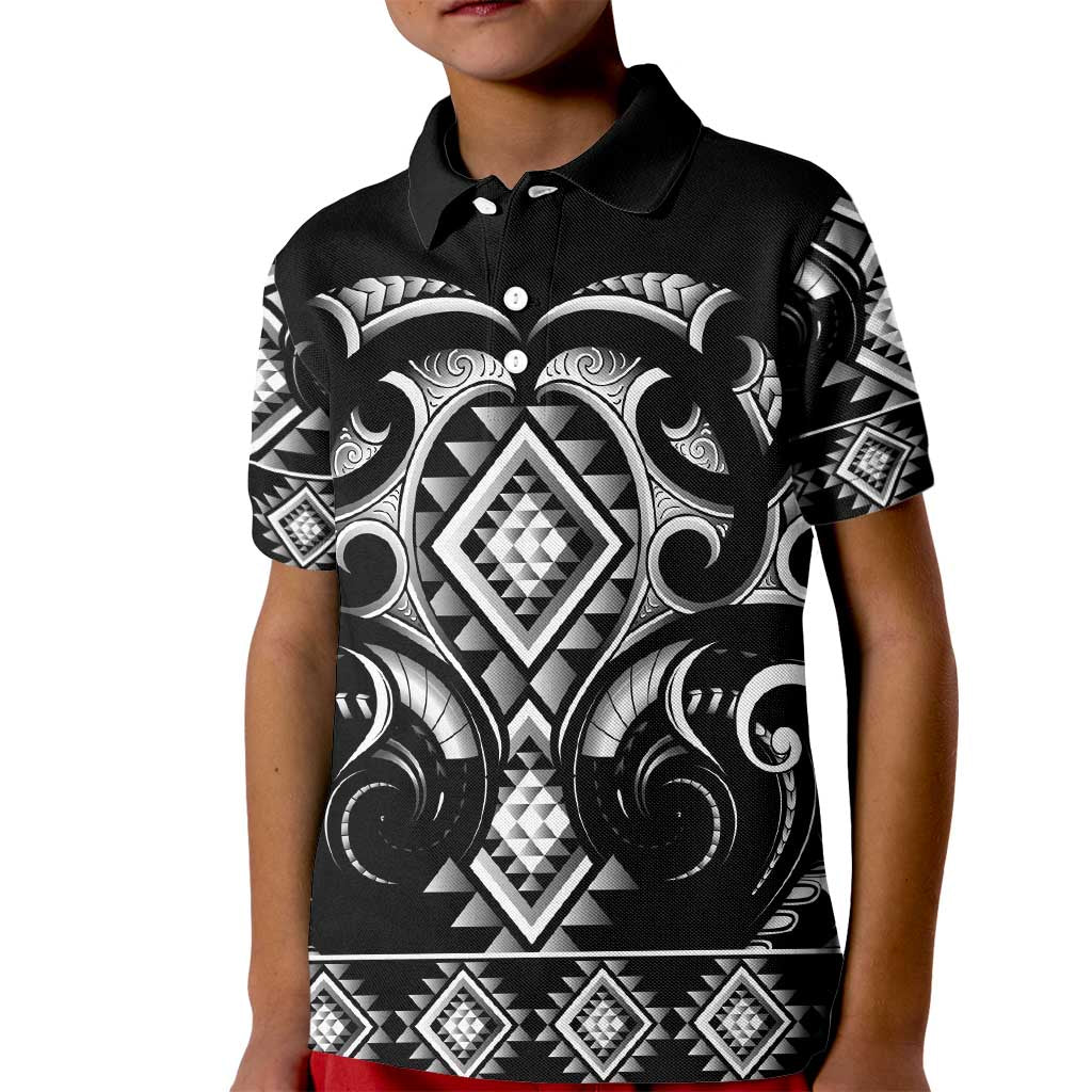 Black Ngaru Taniko With Aotearoa Maori Tattoo Kid Polo Shirt LT14 Kid Black - Polynesian Pride