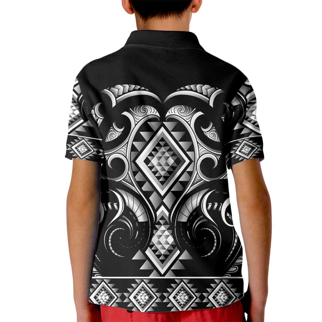 Black Ngaru Taniko With Aotearoa Maori Tattoo Kid Polo Shirt LT14 - Polynesian Pride