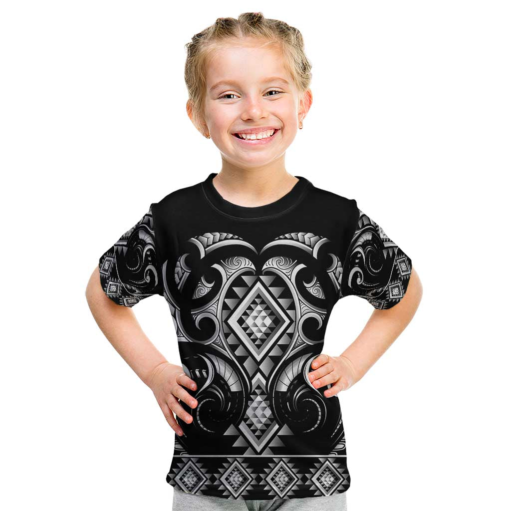 Black Ngaru Taniko With Aotearoa Maori Tattoo Kid T Shirt LT14 Black - Polynesian Pride