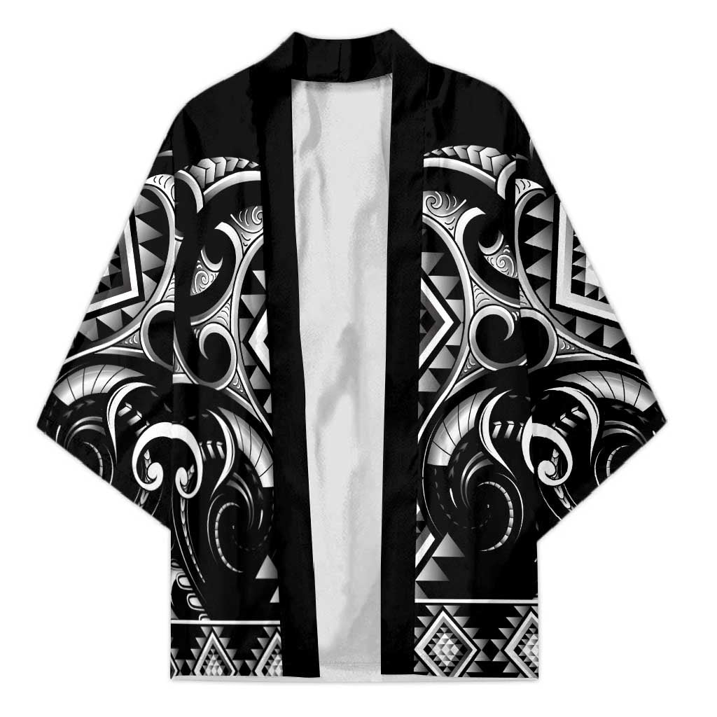 Black Ngaru Taniko With Aotearoa Maori Tattoo Kimono - Polynesian Pride