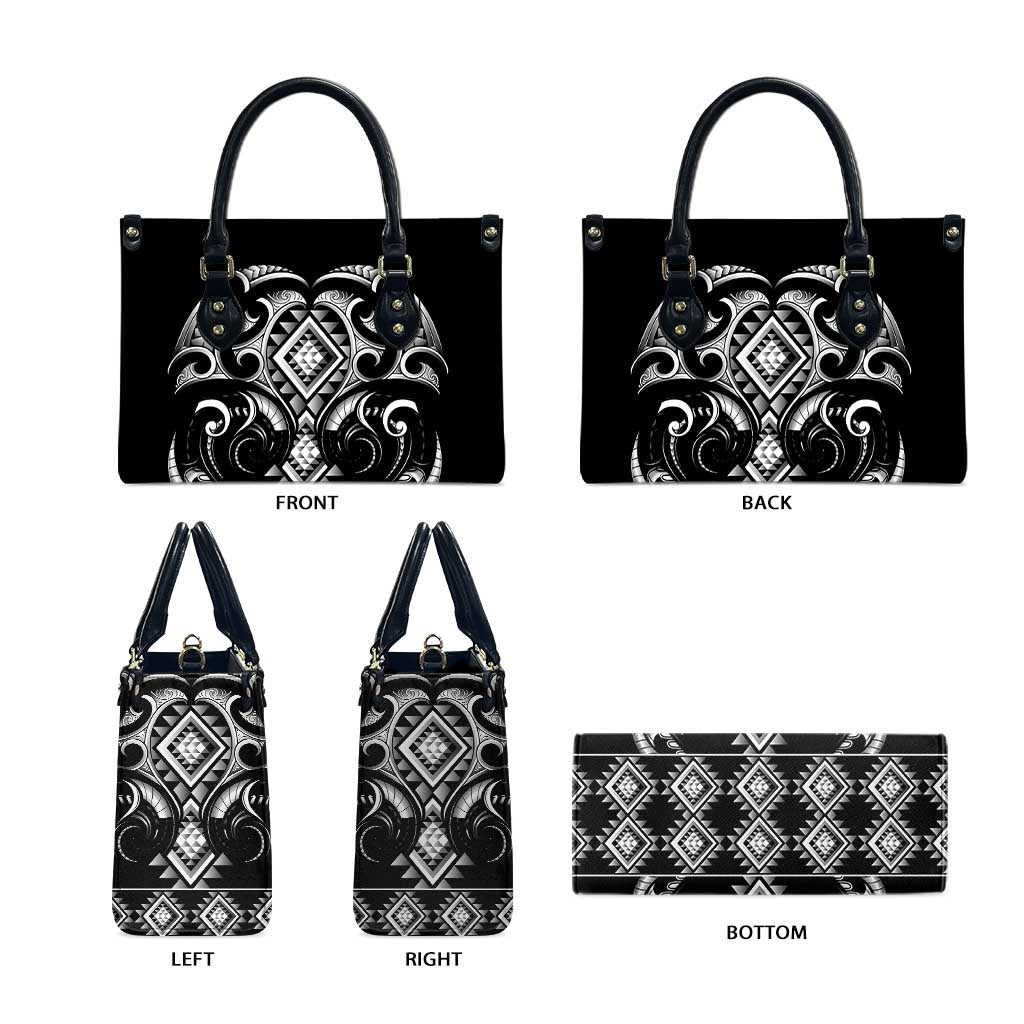 Black Ngaru Taniko With Aotearoa Maori Tattoo Leather Bag - Polynesian Pride