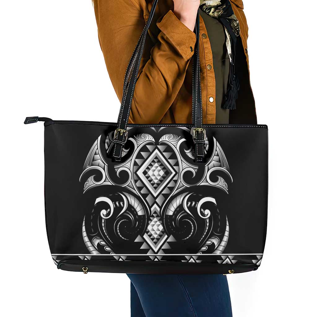 Black Ngaru Taniko With Aotearoa Maori Tattoo Leather Tote Bag LT14 - Polynesian Pride