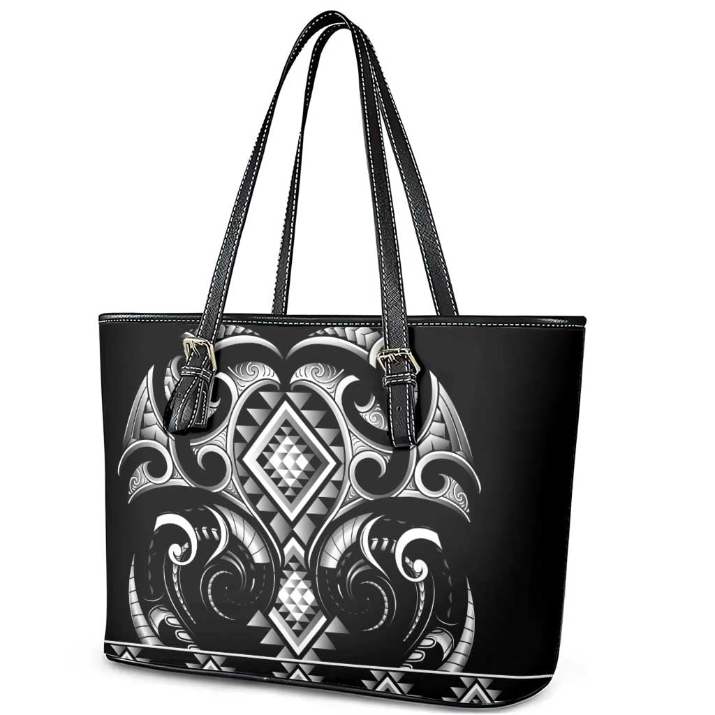Black Ngaru Taniko With Aotearoa Maori Tattoo Leather Tote Bag LT14 - Polynesian Pride