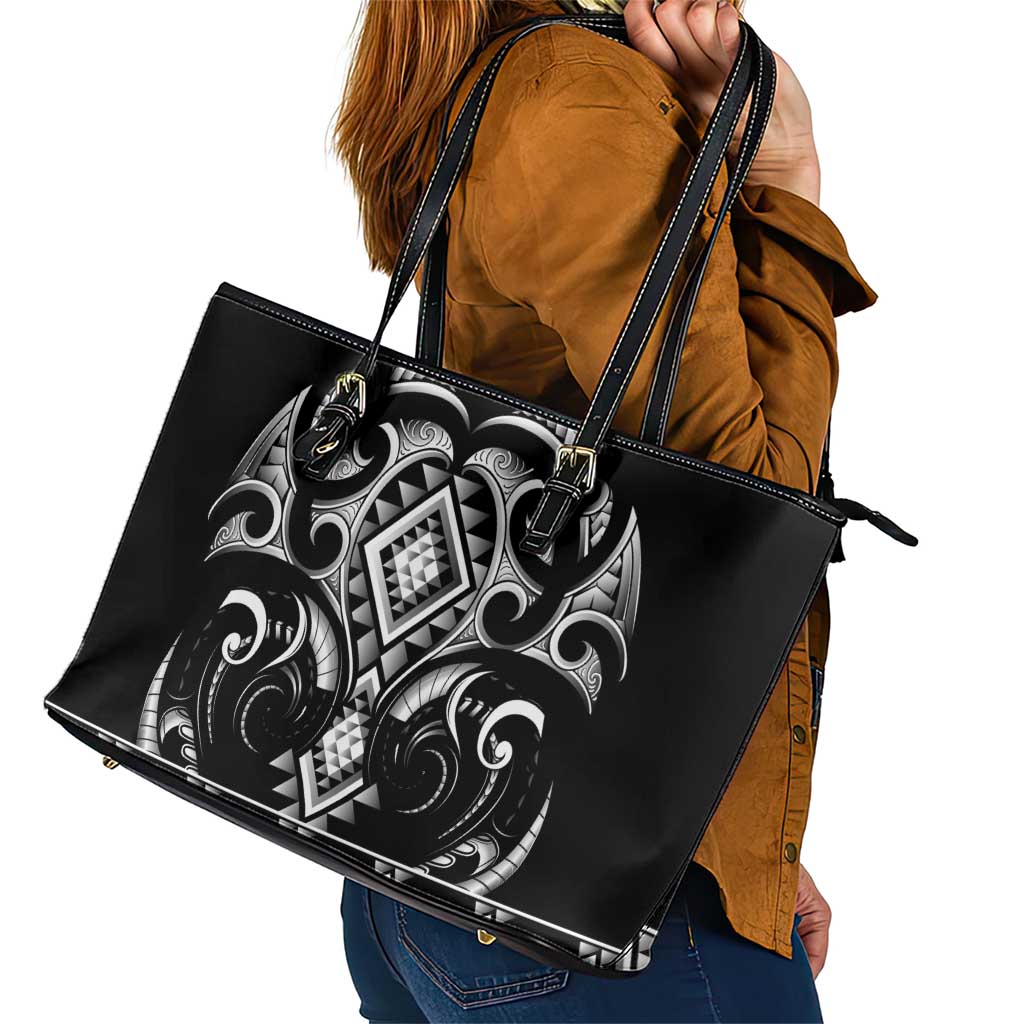 Black Ngaru Taniko With Aotearoa Maori Tattoo Leather Tote Bag LT14 - Polynesian Pride