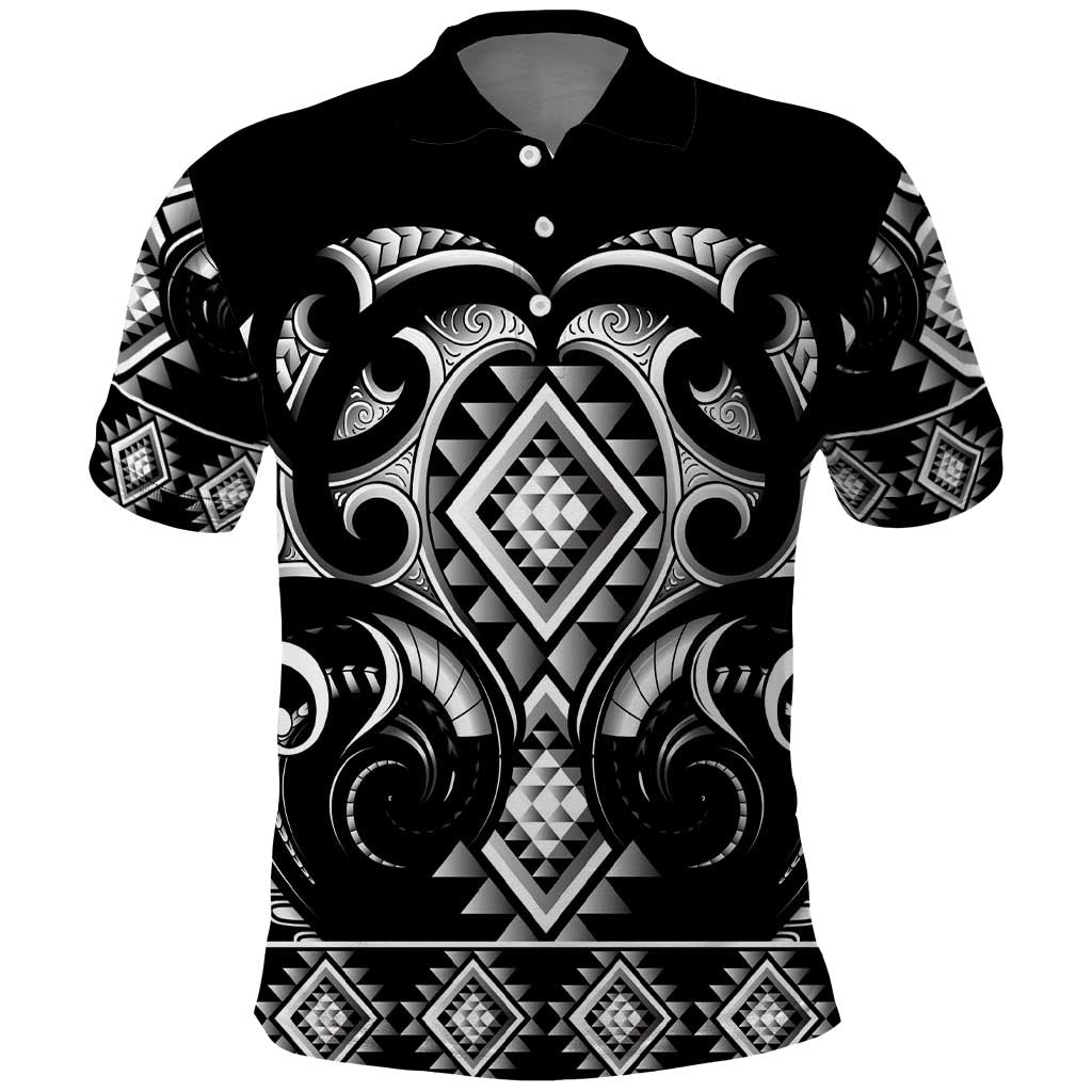 Black Ngaru Taniko With Aotearoa Maori Tattoo Polo Shirt