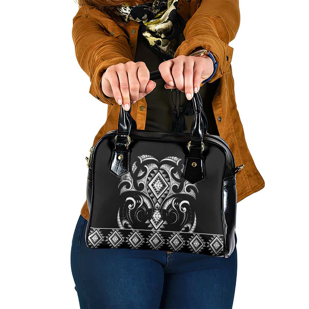 Black Ngaru Taniko With Aotearoa Maori Tattoo Shoulder Handbag