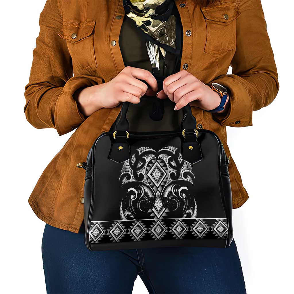 Black Ngaru Taniko With Aotearoa Maori Tattoo Shoulder Handbag