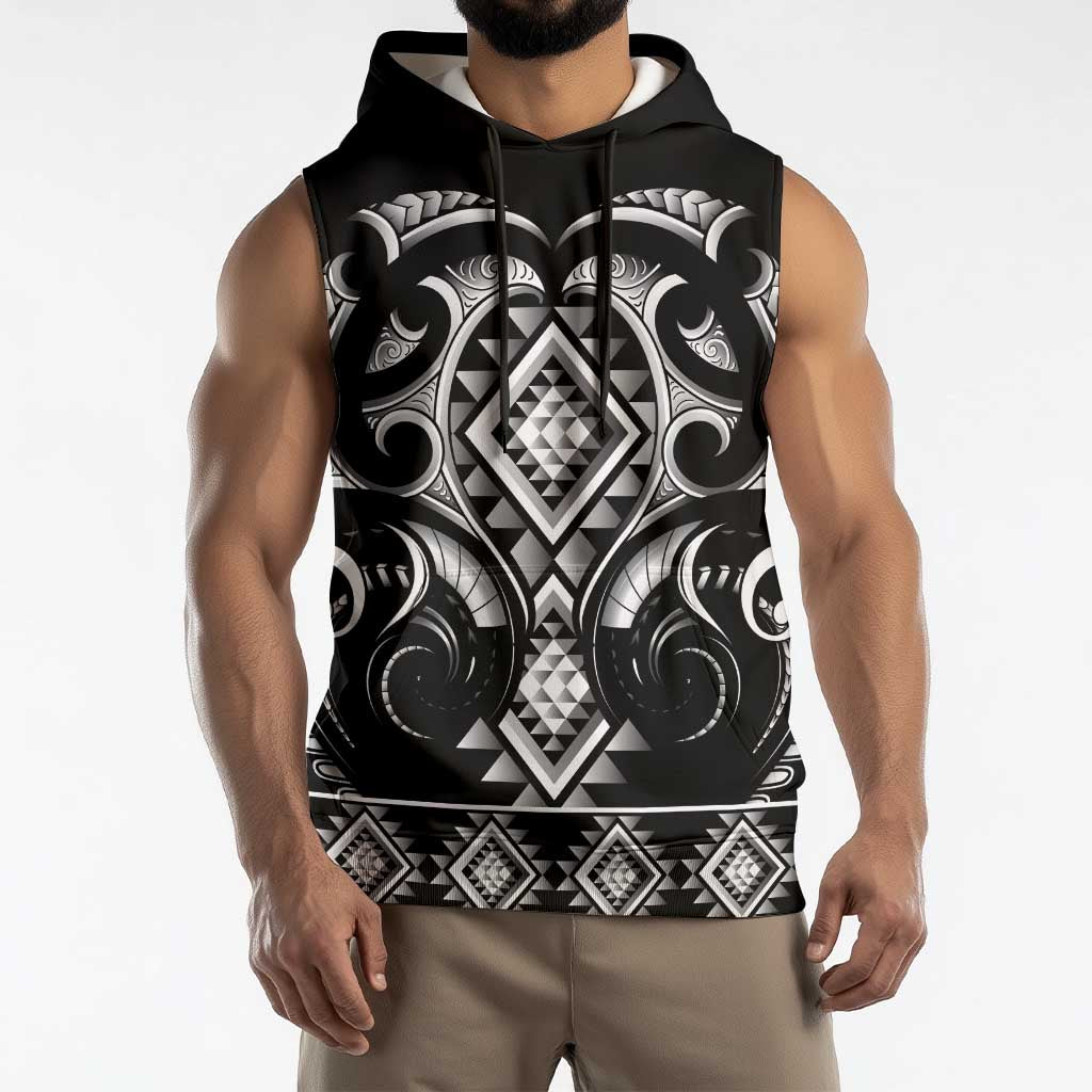 Black Ngaru Taniko With Aotearoa Maori Tattoo Sleeveless Hoodie - Polynesian Pride