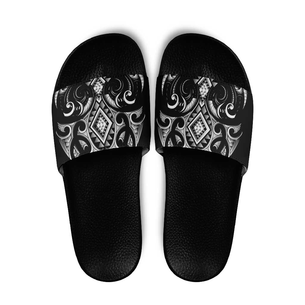 Black Ngaru Taniko With Aotearoa Maori Tattoo Slide Sandals LT14 Black - Polynesian Pride