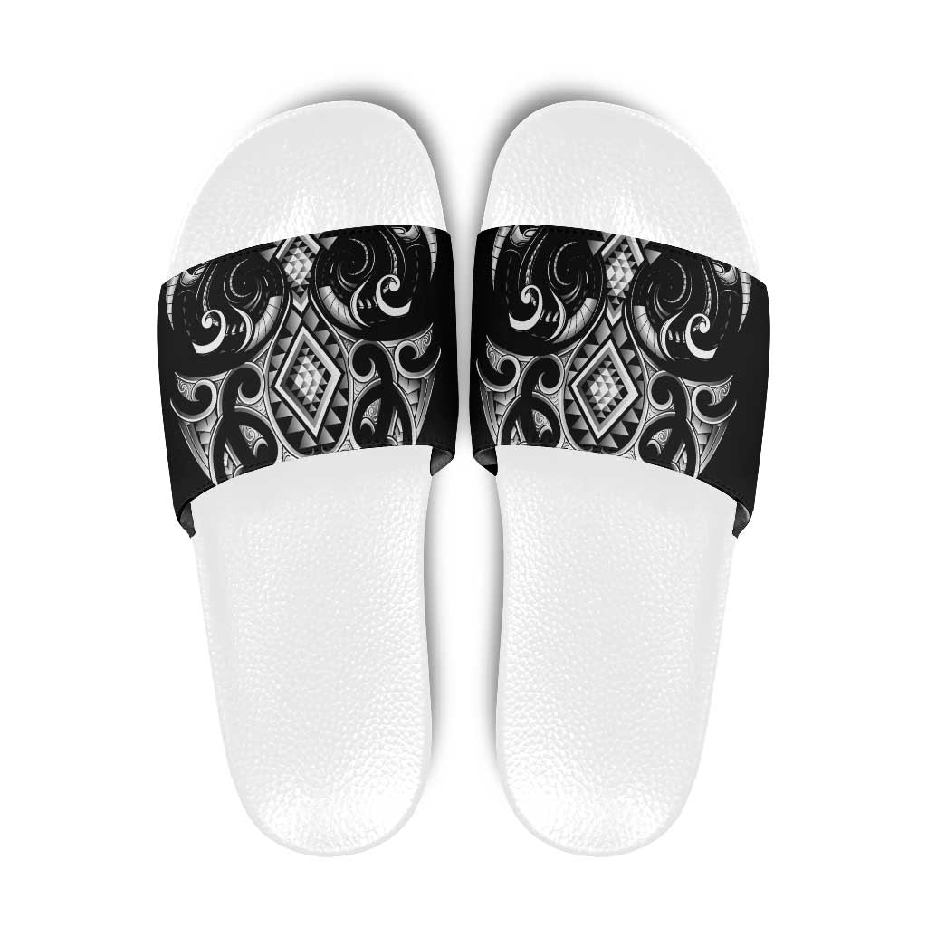Black Ngaru Taniko With Aotearoa Maori Tattoo Slide Sandals LT14 Black - Polynesian Pride