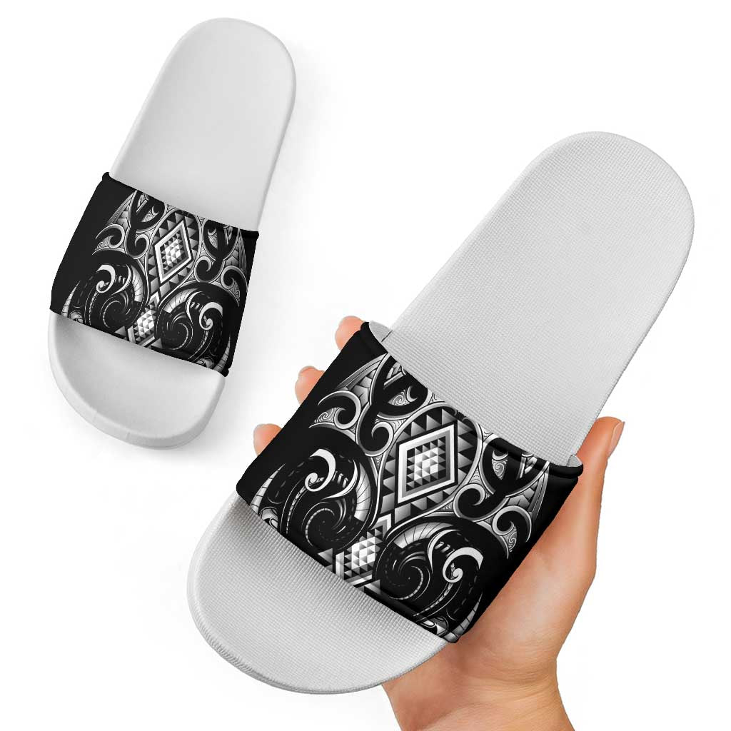 Black Ngaru Taniko With Aotearoa Maori Tattoo Slide Sandals LT14 - Polynesian Pride