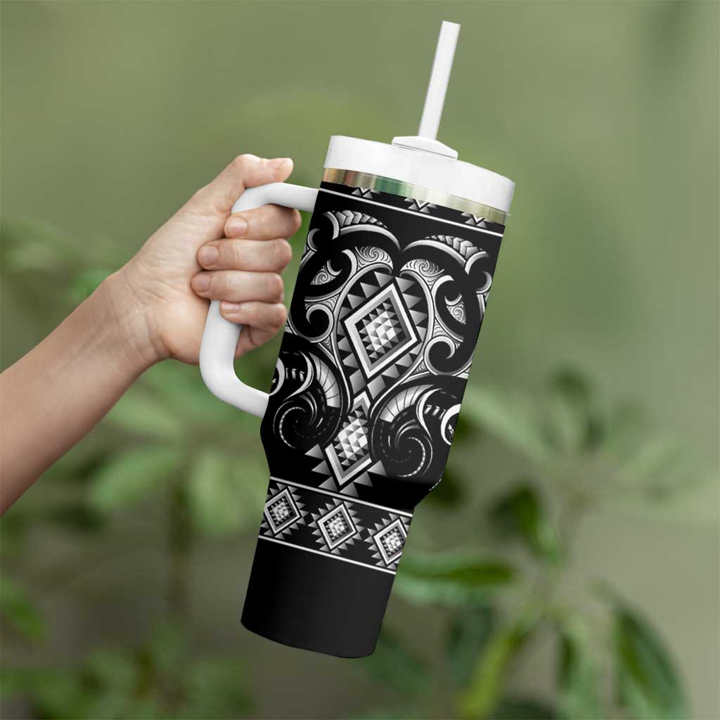 Black Ngaru Taniko With Aotearoa Maori Tattoo Tumbler With Handle LT14 - Polynesian Pride