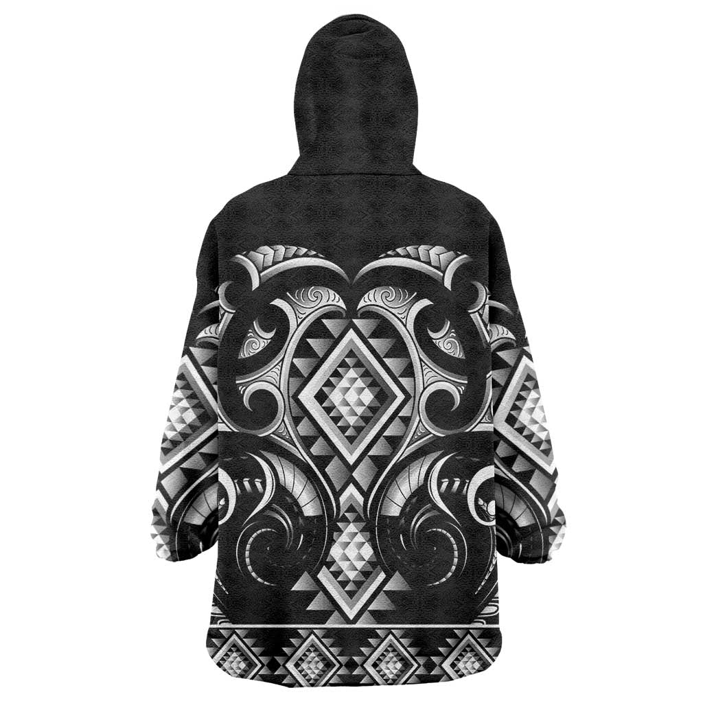 Black Ngaru Taniko With Aotearoa Maori Tattoo Wearable Blanket Hoodie