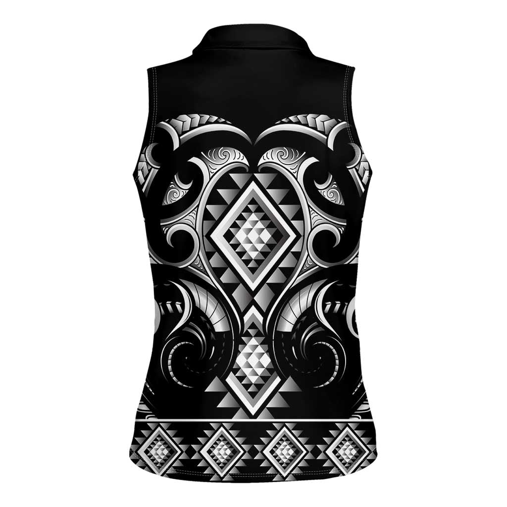 Black Ngaru Taniko With Aotearoa Maori Tattoo Women Sleeveless Polo Shirt