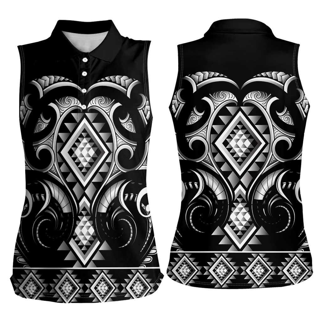 Black Ngaru Taniko With Aotearoa Maori Tattoo Women Sleeveless Polo Shirt