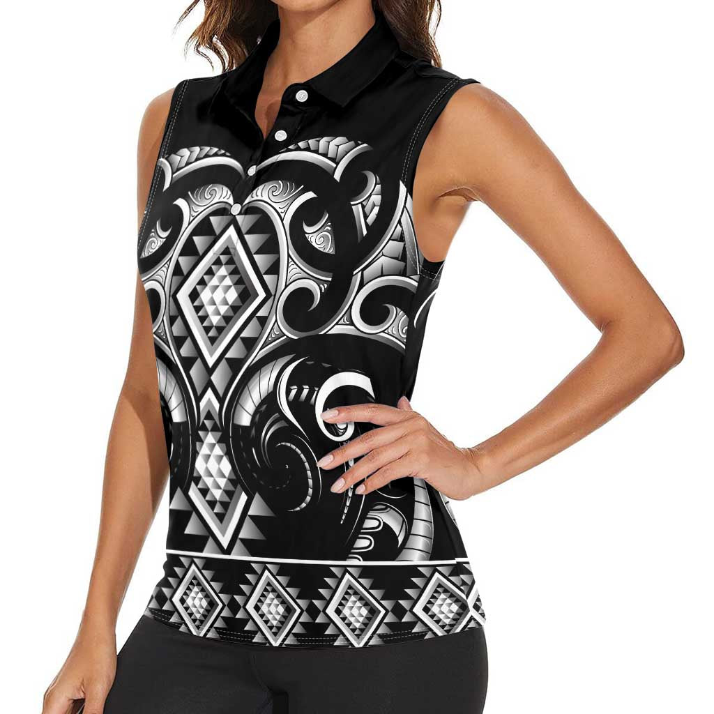 Black Ngaru Taniko With Aotearoa Maori Tattoo Women Sleeveless Polo Shirt
