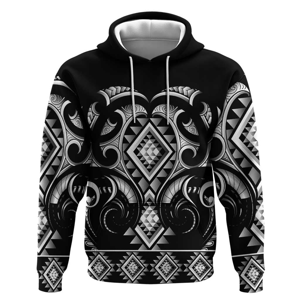 Black Ngaru Taniko With Aotearoa Maori Tattoo Zip Hoodie